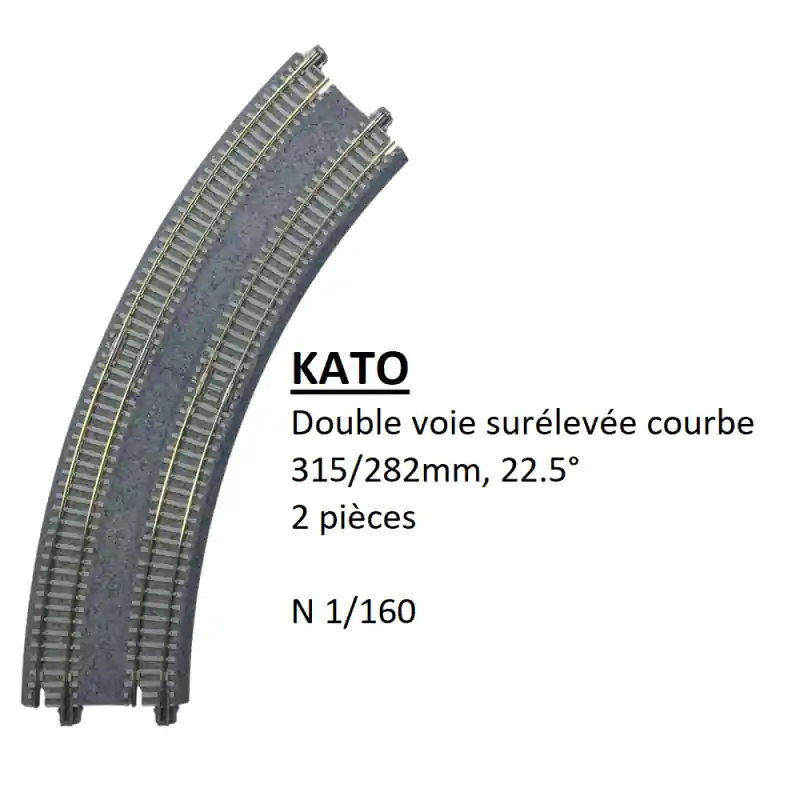 Double voie surélevée courbe, traverse béton, 315/282mm, 22.5°, 2 pièces - KATO 20-184 - N 1/160 Prix Cassé
