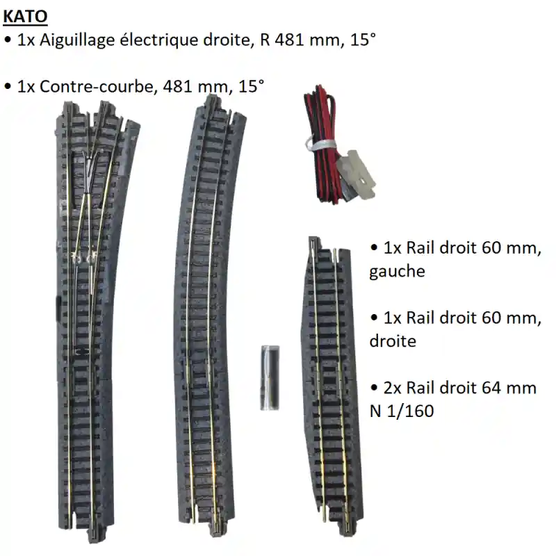 Aiguillage droit, tourne à droite électrique, 15°, R481, R19 - KATO 20-221 - N 1/160 Haute Qualité