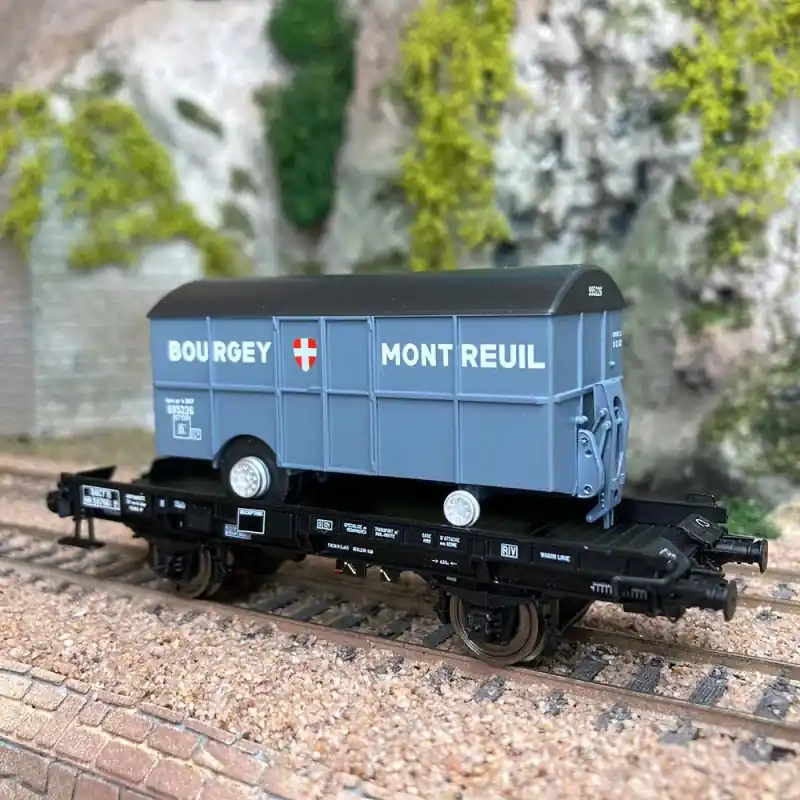 Solde Wagon UFR mono-porteur roue pleines "Bourgey Montreuil" Sncf, Ep III - REE WB647 - HO 1/87