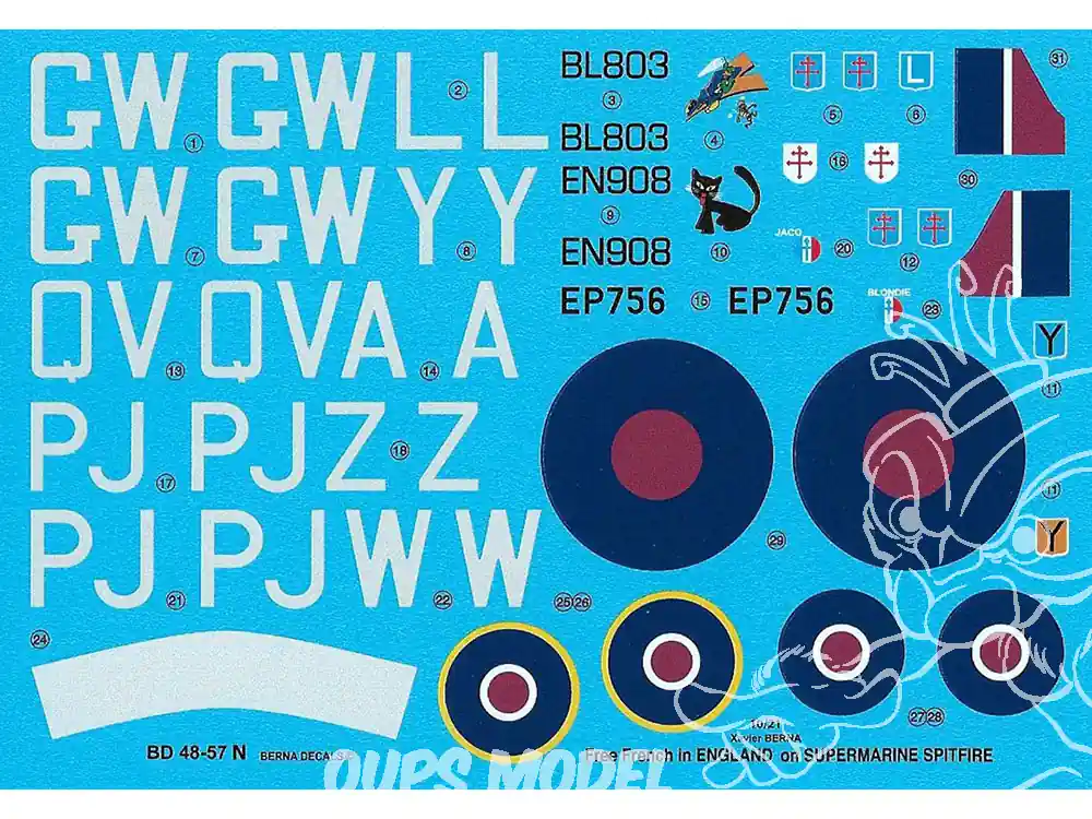 Decalques Berna decals BD48-57N FREE FRENCH ON SPITFIRE 1/48 Réduction