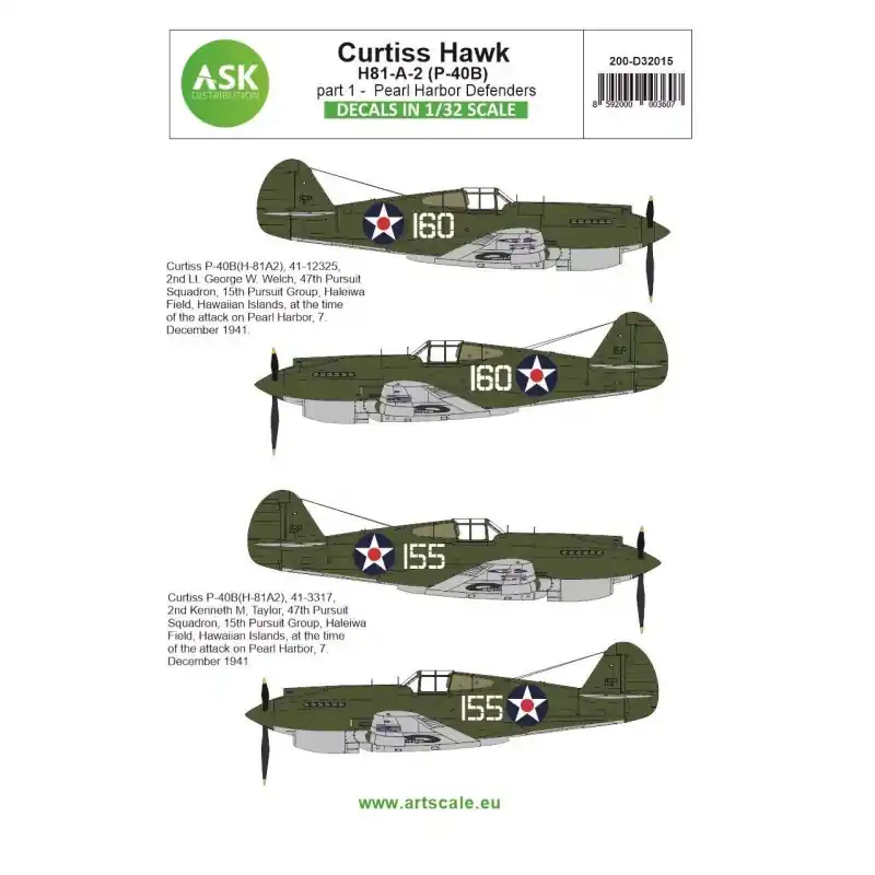 ASK ART SCALE KIT D32015 DÉCALCOMANIES CURTISS H81-A-2 PART 1 PEARL HARBOR DEFENDERS 1/32 Marque