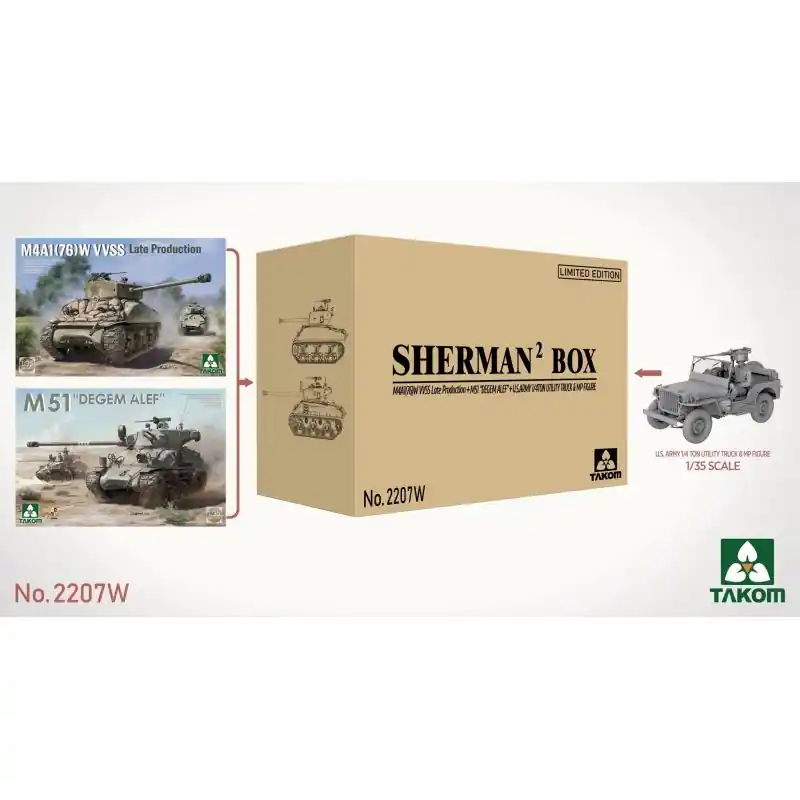 Takom 2207W Sherman Two Box - M4A1(76W) VVSS Late Production & M51 "Degem Alef" & US Army 1/4 ton Utility Truck & MP Figure Achetez Aujourd'hui