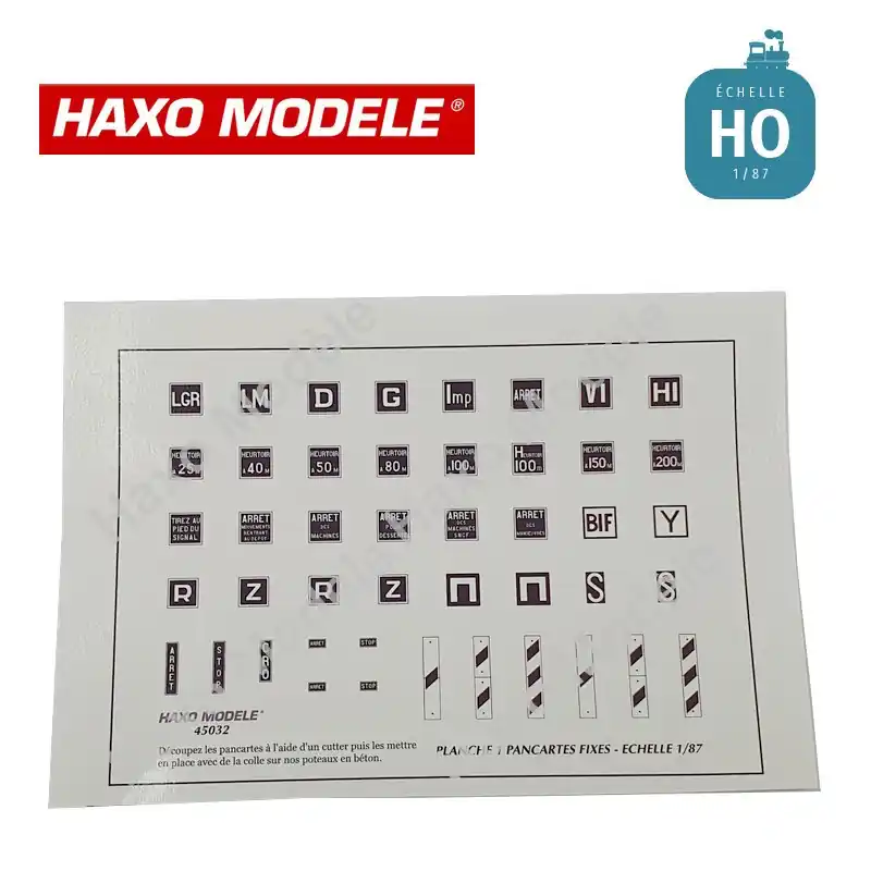 Planche panneaux fixes divers (heurtoir, S, Arrêt, mirliton, etc) HO Haxo Modèle HM45032 Offre Exclusive