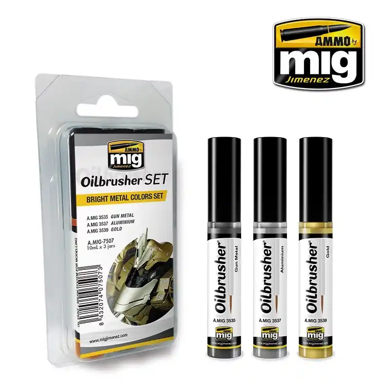 Set peintures à l‘huile Oilbrusher Teintes métaux brillants Mig AMIG7507 Promotion Saisonnière