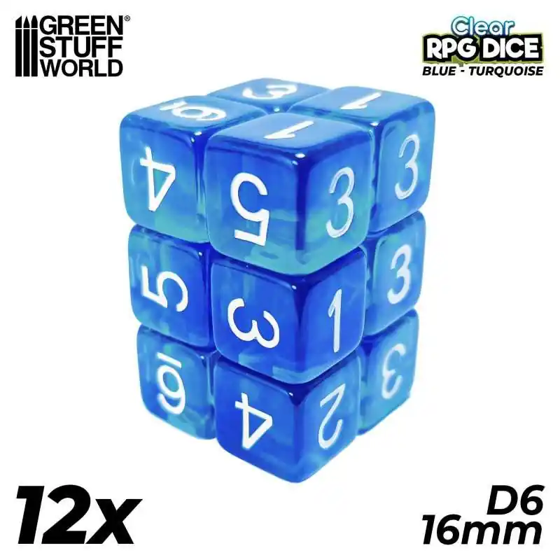 12x D6 16mm Dés de Jeu - Bleu/Turquoise Transparent Commander Vite