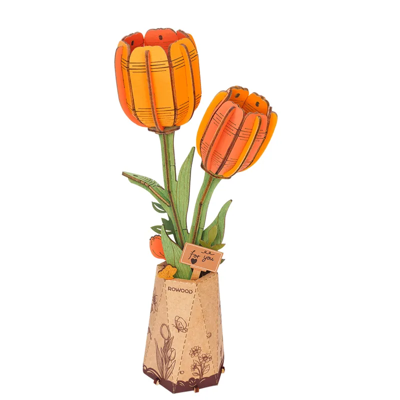 Maquette Bois Pot de Fleurs Tulipe Orange Puzzle 3D de 76 pièces TW081 Rolife Offre Limitée