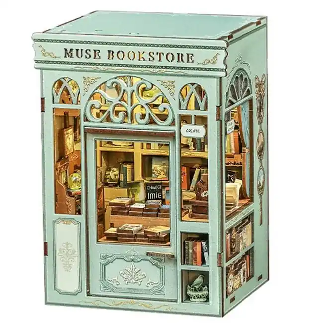 Acheter En Ligne Kit Maquette Book Nook Muse Bookstore 17x12x10 cm Librairie vert clair 3D avec Porte Cuteebee