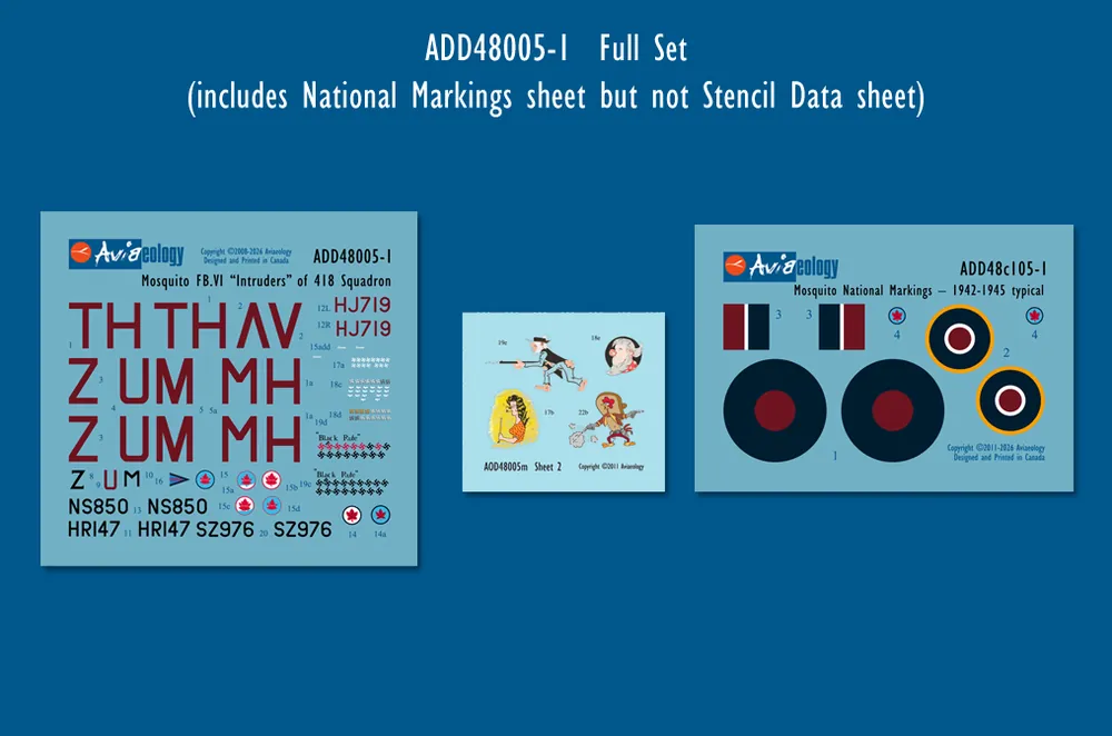 NEW! Aviaeology ADD48005-1 de Havilland Mosquito FB.VI Intruders - HJ719, HR147, & NS850 of 418 Sqn, RCAF (Full Set) Promotion Saisonnière