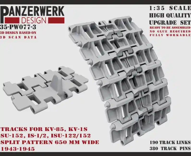 Panzerwerk Design 35-PW077-3 KV-85, KV-1S, SU-152, IS-1/2, ISU-122/152 Tracks Split Pattern 650mm Wide 1943-1945 Top Vente