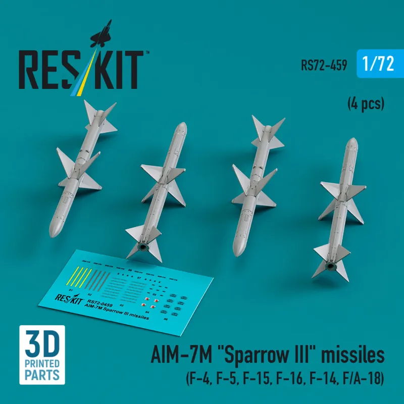 RES/KIT 72-0459 AIM-7M ‘Sparrow III‘ Missiles (4 pcs) (F-4, F-5, F-15, F-16, F-14, F/A-18) (3D Printed) Dernière Chance