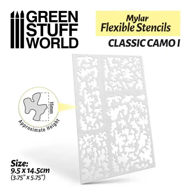 Green Stuff World 3682 Mylar Flexible Stencils - Classic Camo 1 (15mm Aprox.) Authentique