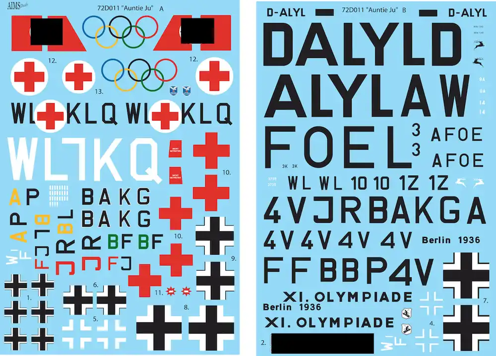 Aims 72D011 Junkers Ju-52/3m - Double Pack Decal Set Dernier Modèle