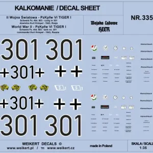 Weikert Decals DEC335 PzKpfw VI TIGER - Schwere Pz. Abt. 503 - czołg nr 301 - dowódca Kurt Knispel - 1943, Rosja Achetez Aujourd'hui
