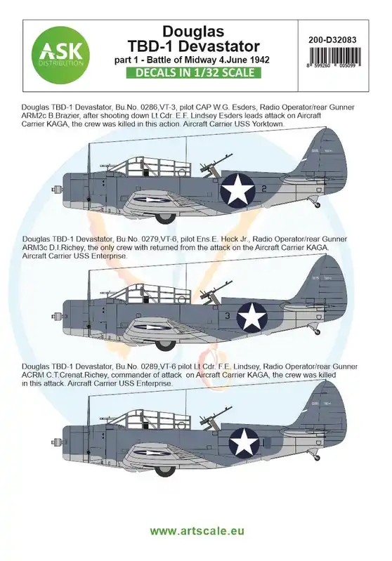 Art Scale Kit D32083 Douglas TBD-1 Devastator Decals Part 1 - Battle of Midway 4th June 1942 Petit Prix