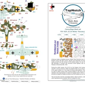 Produit De Marque TopNotch 24-M008 Focke-Wulf Fw-190 A - JG54 ‘Notwotny‘ Winter camouflage pattern paint mask (for Airfix kits)