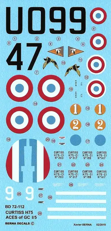Berna Decals 72112 Curtiss H-75 (P-36) Aces of GC I/5 Decals Authentique