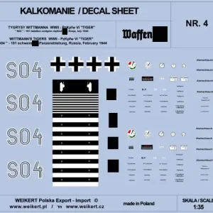 Weikert Decals DEC204 TIGER I - czołg S04 - 101 batalion czołgów ciężkich SS, Rosja, luty 1944 - vol.4 Haute Qualité