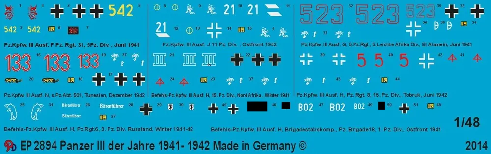 Usine Directe Peddinghaus-Decals 2894 Markings For German Panzer III Tanks 1941-1942