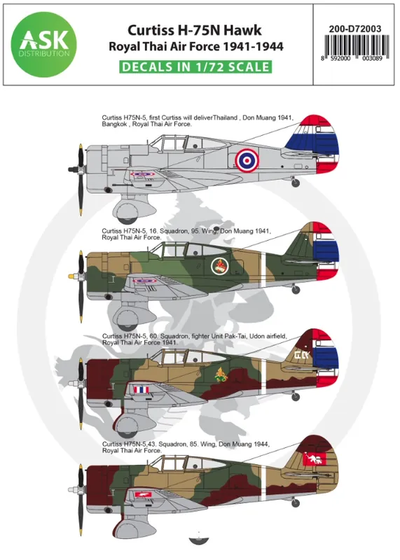 Art Scale Kit D72003 Curtiss H-75N Hawk Royal Thai Air Force 1941-1944 Populaire