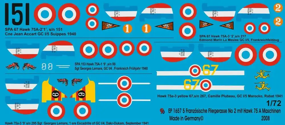 Peddinghaus-Decals 1657 5 French Fighter Aces No. 2 - Pilots Of Hawk 75 a Marque