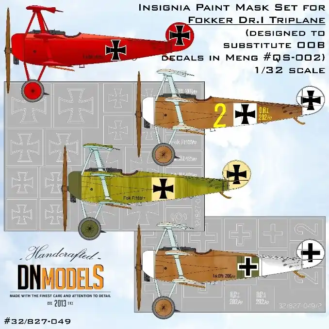 Achat Immédiat DN Models 32-827-049 Insignia Paint Mask Set For Fokker Dr.I Triplane - Designed For MENG Kits