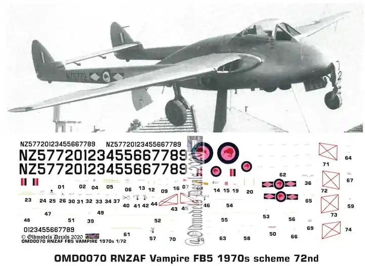 Promotion Old models Decals 0070 de Havilland Vampire FB5 - Royal New Zealand Air Force 1970s Scheme