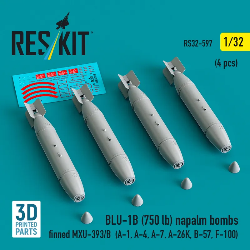 Certifié RES/KIT 32-0597 BLU-1B (750 lb) Napalm Bombs finned MXU-393/B (4 pcs / 3D Printed)