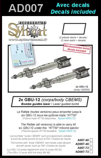 Seulement Aujourd'hui Syhart Decal AD007-72 2x GBU-12 (Body CBEMS) (Decals Included)