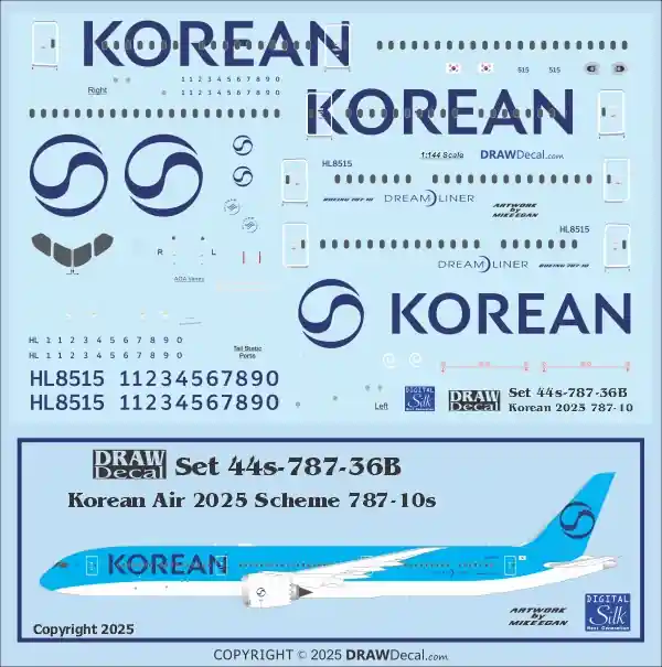 Draw Decal 44-787-36B Boeing 787-10 - Korean Air 2025 Scheme Produit De Marque