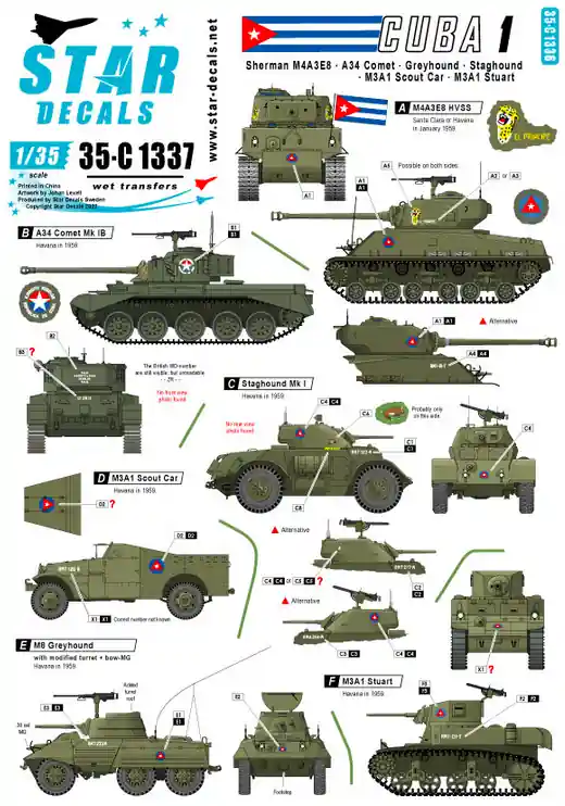Star-Decals 35-C1337 Tanks & AFVs in Cuba 1. M4A3E8 Sherman, Comet, Staghound, Greyhound, M3A1 SC, M3A1 Stuart. Offre Exclusive