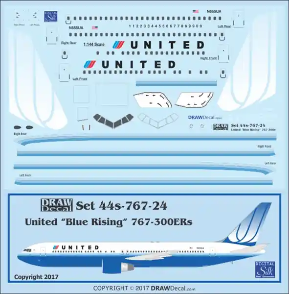 Jusqu'à Épuisement Des Stocks Draw Decal 44-767-24 Boeing 767-300ER - United "Blue Rising" Scheme