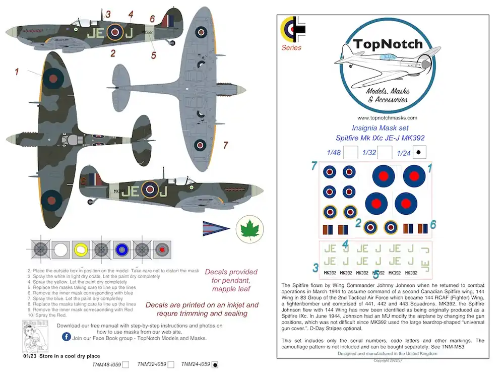 TopNotch 24-I059 Supermarine Spitfire IXc - JE-J MK392 - Insignia Mask Set Réduction
