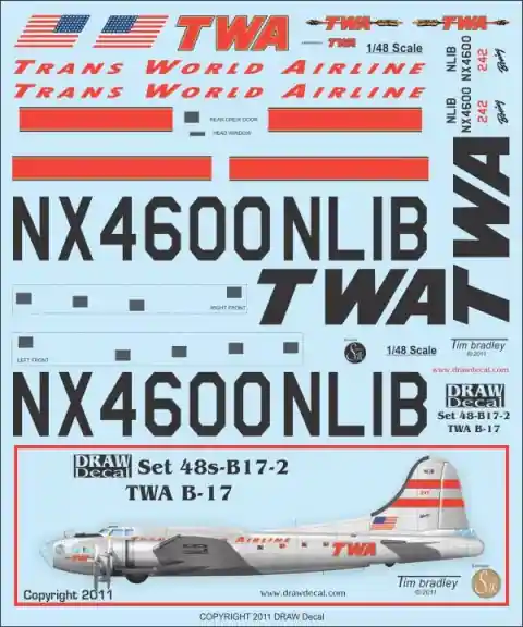 Draw Decal 48-B17-02 Boeing B-17 - TWA Marque