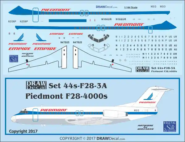 Draw Decal 44-F28-03A Fokker F28 4000 - Piedmont Airlines Dernier Modèle