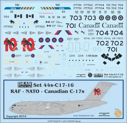 Quantité Limitée Draw Decal 44-C17-16 Boeing C-17 Globemaster III - RAF, Canada and NATO Decals