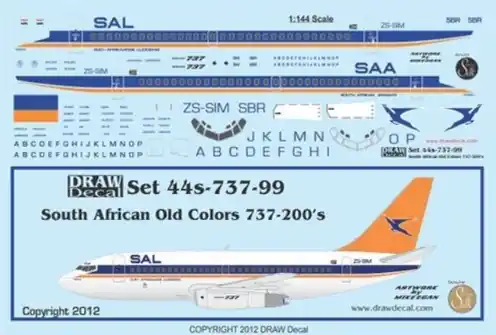 Draw Decal 44-737-99 Boeing 737-200 - South African Old Colors Paiement Sécurisé