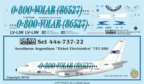 Draw Decal 44-737-22 Boeing 737-200 - Aerolineas Argentinas "Ticket Electronico" Certifié