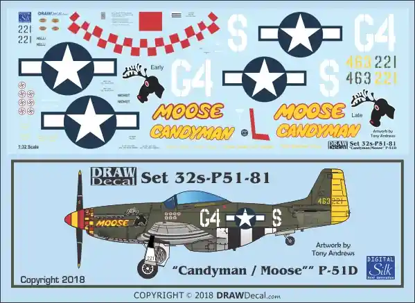 Draw Decal 32-P51-81 North American P-51 D - "Candyman - Moose" Nouveauté