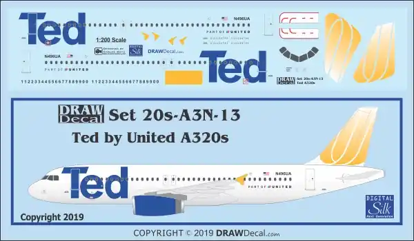 Haute Qualité Draw Decal 20-A3N-13 Airbus A320 - Ted by United