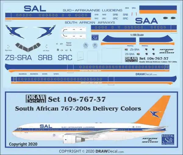 Prix Choc Draw Decal 10-767-37 Boeing 767-200ERs - South African Delivery Colors