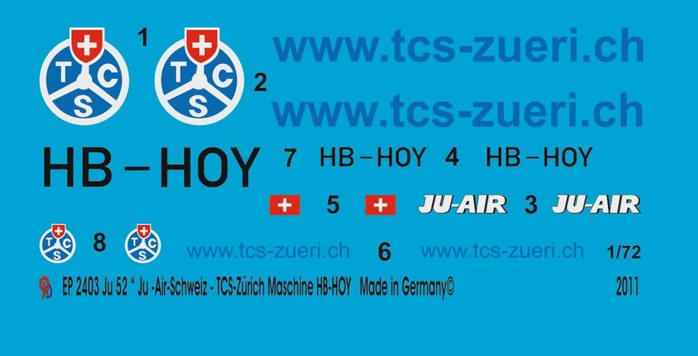 Meilleur Choix Peddinghaus-Decals 2403 Ju 52 Ju-Air-Switzerland TCS-Zurich Machine HB-HOY