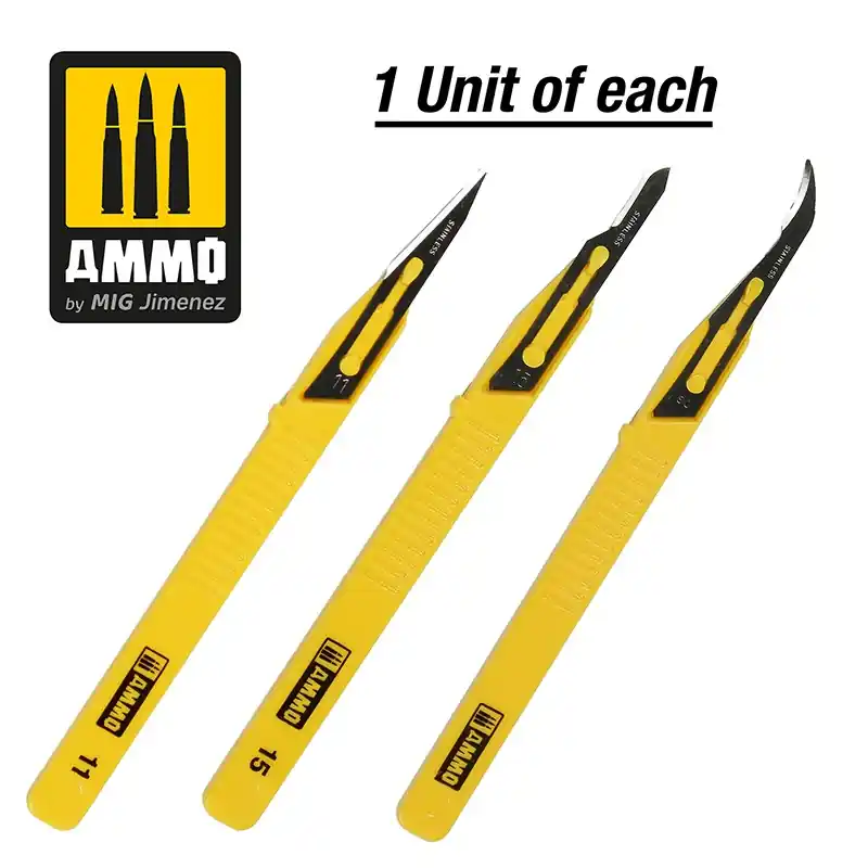 Expédié Aujourd'hui AMMO of Mig Jimenez 8691 Mini Blade Set – 3 pcs. (1 Mini Blade Straight + 1 Mini Blade Curved + 1 Mini Blade Ripper)